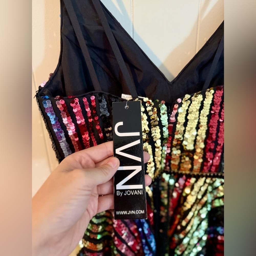 JVN by Jovani Multi Sequin V Neck Fit and Flare Short Dress JVN2540 - Picture 10 of 16